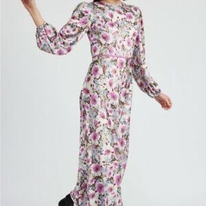 Jacqui E Floral Long Sleeve Dress in Pink and White